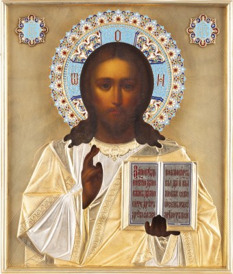 Auction 131<br>AN ICON SHOWING CHRIST PANTOKRATOR WITH A SILVER-GILT AND CLOISONNÉ ENAMEL OKLAD