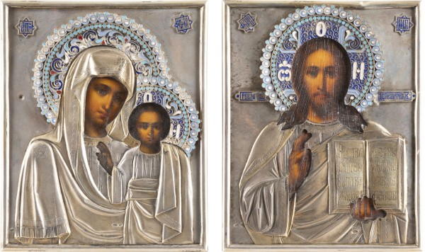 Auction 131<br>A PAIR OF SMALL WEDDING ICONS SHOWING CHRIST PANTOKRATOR AND THE KAZANSKAYA MOTHER OF GOD