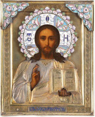 Auktion 131<br>KLEINE IKONE MIT CHRISTUS PANTOKRATOR MIT CLOISONNÉ-EMAIL-OKLAD IM KIOT