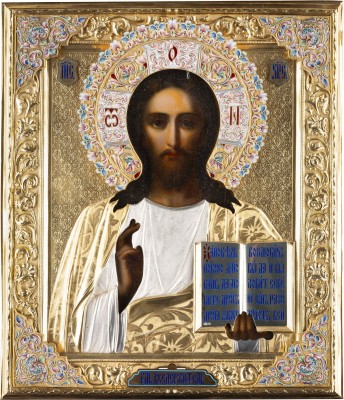 Auktion 131<br>SEHR FEINE IKONE MIT CHRISTUS PANTOKRATOR MIT CLOISONNÉ-EMAIL-OKLAD