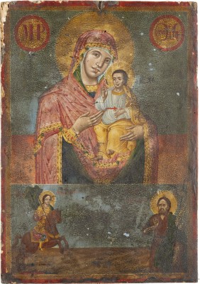 Auktion 131<br>ZWEIFELDER-IKONE MIT DER GOTTESMUTTER HODEGETRIA UND DEN HEILIGEN DEMETRIOS UND JOHANNES DEM VORLÄUFER