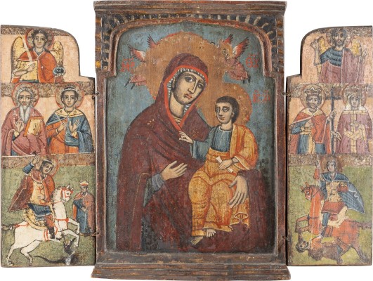 Auction 131<br>A TRIPTYCH SHOWING THE HODIGITRIA MOTHER OF GOD FLANKED BY SELECTED SAINTS