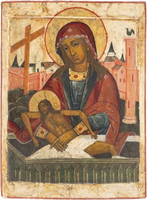 Auction 131<br>A LARGE AND RARE ICON SHOWING THE MOTHER OF GOD LAMENTING OVER THE BODY OF CHRIST