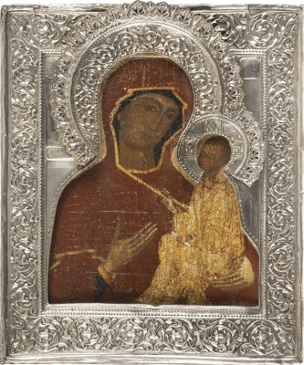 Auction 131<br>AN ICON SHOWING THE TIKHVINSKAYA MOTHER OF GOD WITH A SILVER RIZA