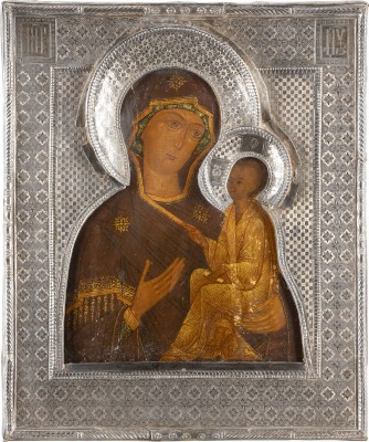 Auction 131<br>A FINE ICON SHOWING THE TIKHVINSKAYA MOTHER OF GOD WITH A SILVER RIZA