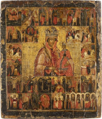 Auction 131<br>A VERY RARE AND VERY FINE ICON SHOWING THE MOTHER OF GOD SURROUNDED BY FESTIVALS AND HER