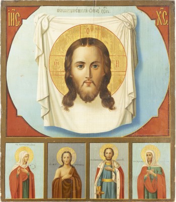 Auction 131<br>A LARGE ICON SHOWING THE MANDYLION AND SELECTED SAINTS