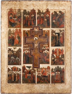 Auction 131<br>A MONUMENTAL STAUROTHEK ICON SHOWING THE CRUCIFIXION OF CHRIST AND TWELVE MAJOR FEASTS