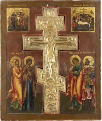 Auction 131<br>A LARGE STAUROTHEK ICON SHOWING THE CRUCIFIXION OF CHRIST, THE DESCENT FROM THE CROSS AND