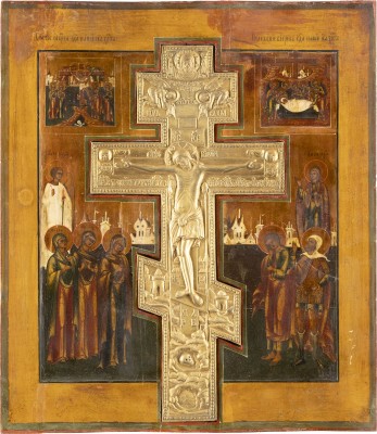 Auction 131<br>A LARGE STAUROTHEK ICON SHOWING THE CRUCIFIXION, THE DESCENT FROM THE CROSS AND THE