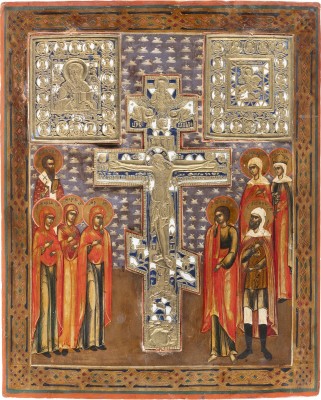 Auction 131<br>A LARGE STAUROTHEK ICON SHOWING THE CRUCIFIXION OF CHRIST AND A BRASS TRIPTYCH SHOWING THE