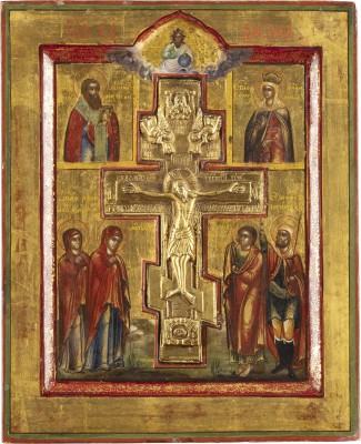 Auction 131<br>A SMALL ICON SHOWING THE CRUCIFIXON OF CHRIST AND STS. BASIL THE GREAT AND CATHERINE