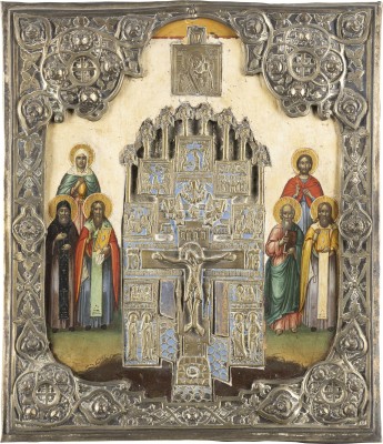 Auction 131<br>A STAUROTHEK ICON SHOWING THE CRUCIFIXION OF CHRIST FLANKED BY SELECTED SAINTS WITH BASMA