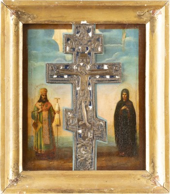 Auction 131<br>A LARGE STAUROTHEK ICON SHOWING ST. THEODOSIUS OF UGLITCH AND ELISAVETA