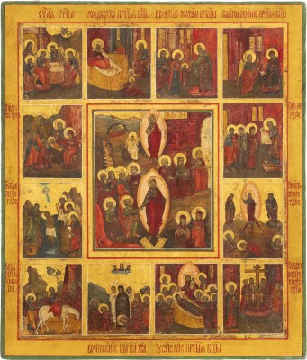 Auction 131<br>A LARGE ICON OF THE RESURRECTION AND DESCENT INTO HELL WITHIN A SURROUND OF TWELVE GREAT