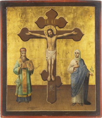 Auction 131<br>A LARGE ICON SHOWING THE CRUCIFIXION OF CHRIST FLANKED BY STS. BASIL THE GREAT AND AKILINA