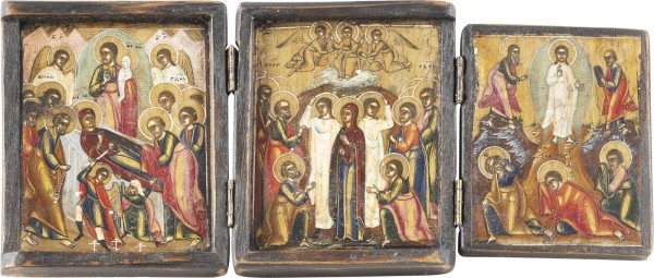 Auktion 131<br>KLEINES TRIPTYCHON MIT DER HIMMELFAHRT, DEM ENTSCHLAFEN DER GOTTESMUTTER UND DER VERKLÄRUNG CHRISTI