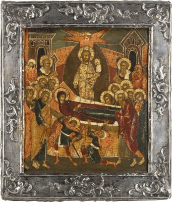 Auction 131<br>AN ICON SHOWING THE DORMITION OF THE MOTHER OF GOD WITH A SILVER BASMA