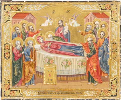 Auction 131<br>A LARGE ICON SHOWING THE DORMITION OF THE MOTHER OF GOD SHOWING THE ICON OF THE KIEV CAVES