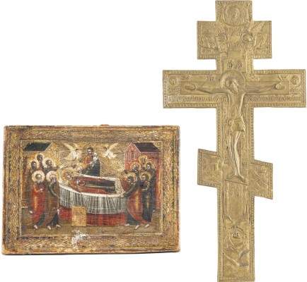 Auction 131<br>A SMALL ICON SHOWING THE DORMITION OF THE MOTHER OF GOD AND A BRASS CRUCIFIX