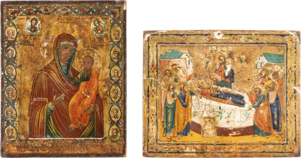 Auction 131<br>TWO SMALL ICONS SHOWING THE IVERSKAYA MOTHER OF GOD AND THE DORMITION OF THE MOTHER OF GOD