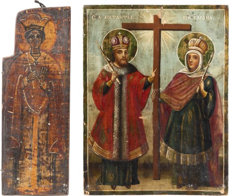 Auktion 131<br>KLEINE IKONE MIT DEN HEILIGEN KONSTANTIN UND HELENA UND FLÜGEL EINES TRIPTYCHONS