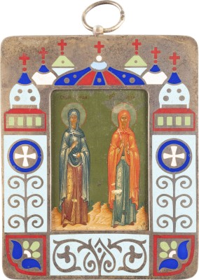 Auction 131<br>A MINIATURE ICON SHOWING STS. MAFRA AND MARIA WITH A SILVER AND CHAMPLEVÉ ENAMEL BASMA