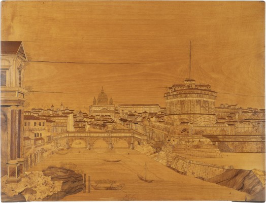 Auction 137<br>MARKETERIE-BILD 'BLICK VOM TIBER AUF DIE ENGELSBURG UND DEN PETERSDOM IN ROM'