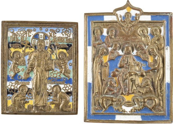 Auction 138<br>ZWEI FEINE BRONZE-IKONEN MIT DER ERWEITERTEN DEESIS UND STEHENDEM CHRISTUS MIT KNIENDEN HEILIGEN