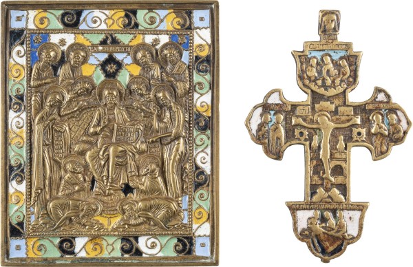 Auction 138<br>FEINE BRONZE-IKONE MIT DARSTELLIUNG DER ERWEITERTEN DEESIS UND BRUST-KREUZ