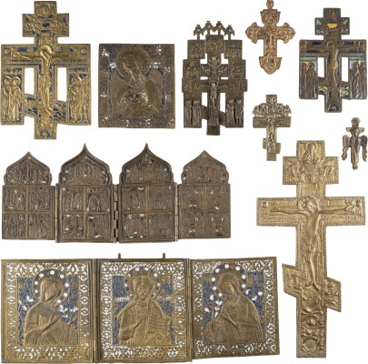 Auction 138<br>ZEHN BRONZE-IKONEN: KRUZIFIXE, TRIPTYCHON, TETRAPTYCHON SOWIE JOHANNES DER TÄUFER