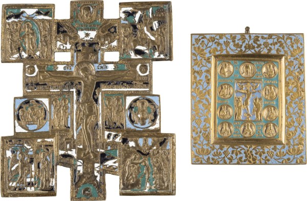 Auction 138<br>SET AUS ZWEI BRONZE-IKONEN MIT DARSTELLUNGEN DER KREUZIGUNG CHRISTI