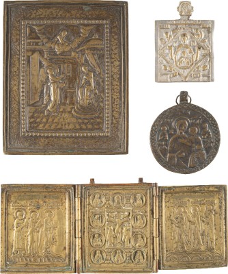 Auction 138<br>VIER BRONZE-IKONEN: GNADENBILDER DER GOTTESMUTTER, VERKÜNDIGUNG SOWIE EIN TRIPTYCHON