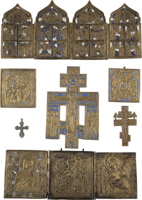 Auction 138<br>SECHS BRONZE-IKONEN: DARSTELLUNGEN CHRISTI UND DER GOTTESMUTTER, HOCHFESTE DES ORTHODOXEN KIRCHENJAHRES SOWIE DREI KREUZE