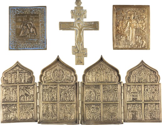 Auktion 138<br>KONVOLUT VON VIER BRONZE-IKONEN: TETRAPTYCHON MIT HOCHFESTEN, ZWEI CHRISTUS-DARSTELLUNGEN SOWIE EIN KRUZIFIX