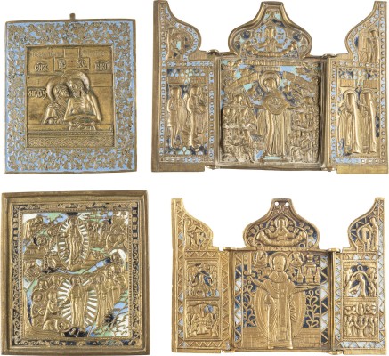 Auction 138<br>VIER BRONZE-IKONEN: CHRISTI HÖLLENFAHRT UND AUFERSTEHUNG, 'WEINE NICHT UM MICH, MUTTER' SOWIE ZWEI TRYPTICHONS: HEILIGER NIKOLAUS VON MOSHAJSK UND GOTTESMUTTER 'FREUDE ALLER LEIDENDEN'