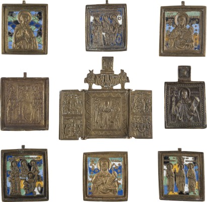 Auction 138<br>NEUN BRONZE-IKONEN MIT AUSGEWÄHLTEN PATRONATSHEILIGEN