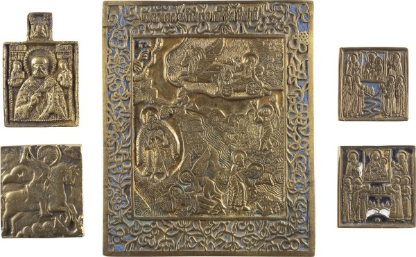 Auction 138<br>FÜNF BRONZE-IKONEN: VEREHRUNG DER WUNDERTÄTIGEN IKONE DER GOTTESMUTTER VON TCHWIN SOWIE AUSGEWÄHLTE HEILIGE