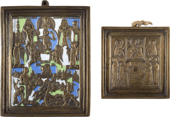 Auction 138<br>ZWEI BRONZE-IKONEN: GOTTESMUTTER VON TICHWIN 'TICHWINSKAJA' UND CHRISTUS 'EINGEBORENER SOHN, WORT GOTTES'