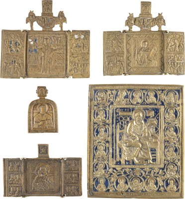 Auction 138<br>FÜNF BRONZE-IKONEN: EVANGELIST JOHANNES, HEILIGER NIKOLAUS SOWIE DREI TRIPTYCHA