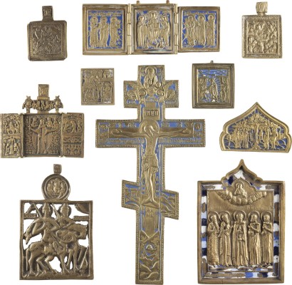 Auction 138<br>ZEHN BRONZE-IKONEN: AUSGEWÄHLTE HEILIGE, DEESIS, FESTTAGE, KRUZIFIX UND EIN FRAGMENT