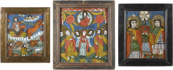 Auction 138<br>DREI HINTERGLAS-IKONEN: ERZENGEL MICHAEL UND GABRIEL, HIMMELFAHRT DES PROPHETEN ELIAS UND CHRISTI HIMMELFAHRT