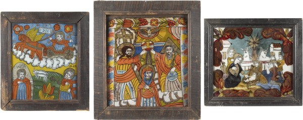 Auction 138<br>DREI HINTERGLAS-IKONEN: KRÖNUNG DER GOTTESMUTTER, PROPHET ELIAS UND GEBURT CHRISTI