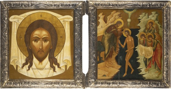 Auction 138<br>MONUMENTALES DIPTYCHON MIT DEM MANDYLION UND DER TAUFE CHRISTI MIT VERMEIL-BASMA