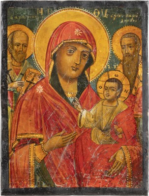 Auction 138<br>KLEINE IKONE MIT DER GOTTESMUTTER FLANKIERT VON DEN HEILIGEN NIKOLAUS VON MYRA UND CHARALAMPOS