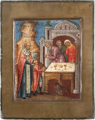 Auktion 138<br>KLEINE IKONE MIT EINER SZENE AUS DEM LEBEN DES HEILIGEN NIKOLAUS VON MYRA