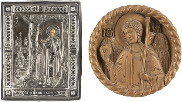 Auction 138<br>KLEINE IKONE MIT DEM HEILIGEN TICHON VON KALUGA MIT SILBER-OKLAD UND ERZENGEL GABRIEL