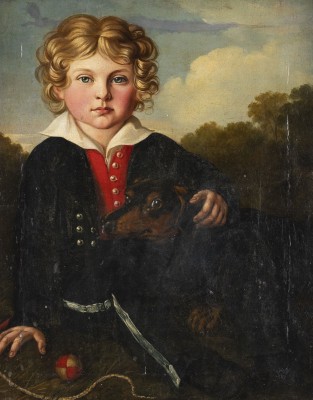 Auction 141<br>PORTRÄT EINES JUNGEN MIT EINEM DACKEL UND SPIELZEUGEN. um 1820