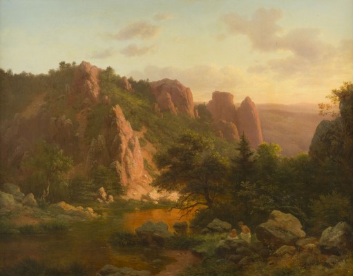 Auktion 141<br>NORWEGISCHE BERGLANDSCHAFT MIT BADENDEN KNABEN BEI ABENDLICHER SONNE, 1847