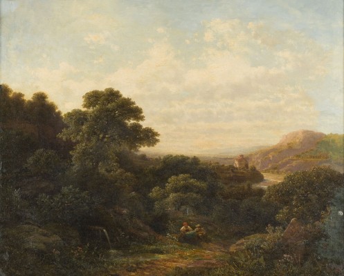 Auction 141<br>SÜDLICHE LANDSCHAFT MIT AN EINER QUELLE RASTENDEN REISENDEN UND EINEM WEITEN BLICK AUF DAS FLUSSTAL. 1864